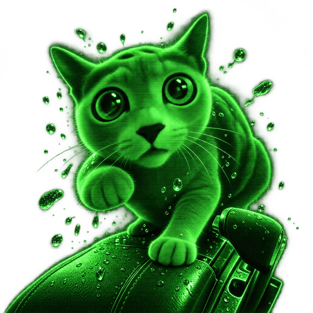 Cutout illustration of a startled kitten with water droplets, paws braced on the gear shift