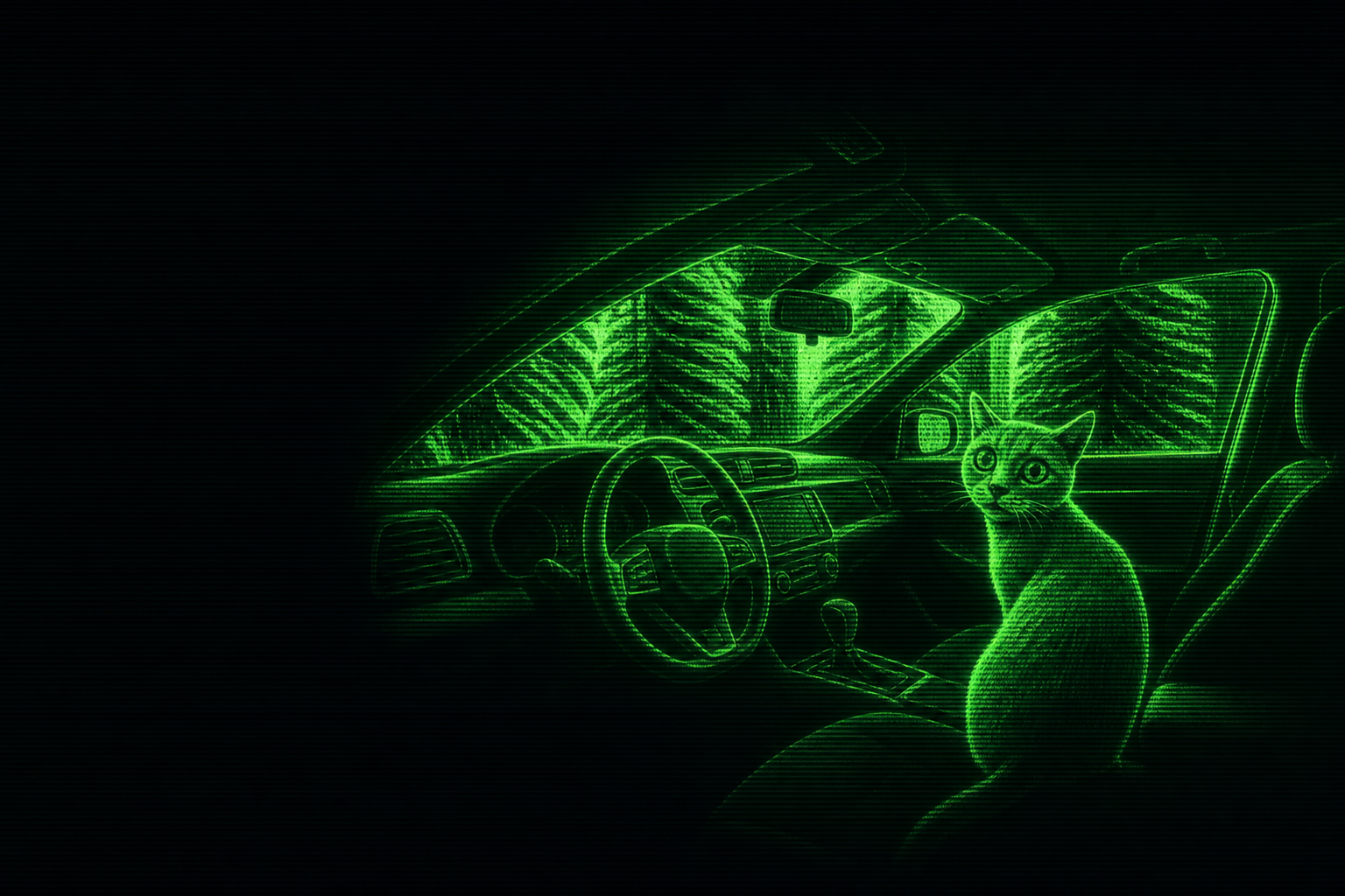 Green wireframe render of the cat looking back over its shoulder inside the car